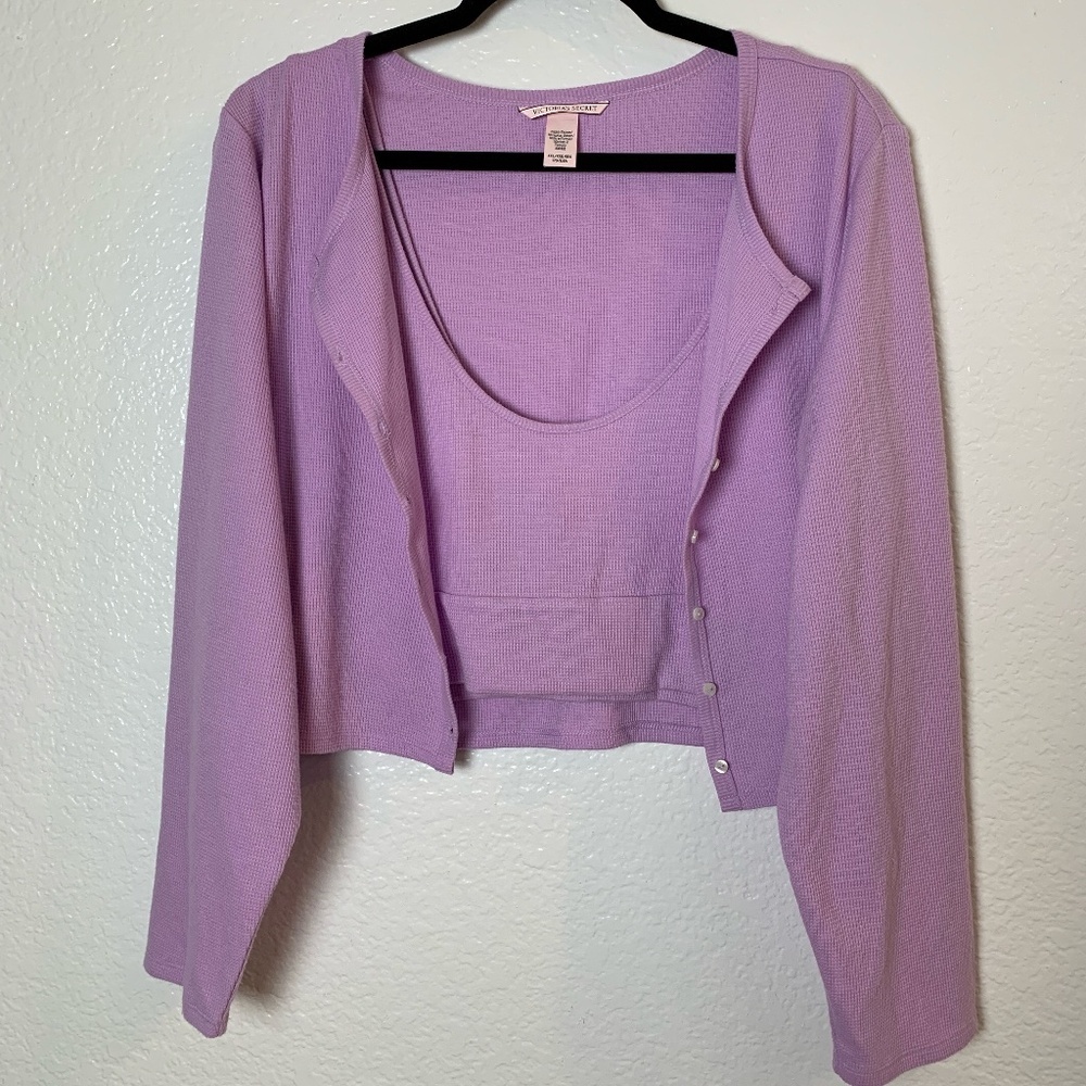 Victoria's‎ Secret Two Piece Set Womens XXL Purple Waffle Knit Cardigan Tank Top